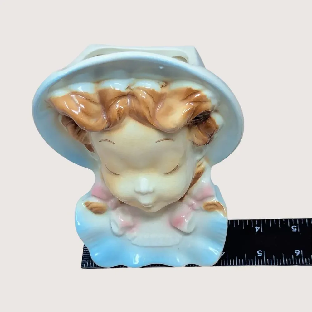 1950s Royal Copley Ceramic Lady Bonnet Wall Pocket Planter Pair